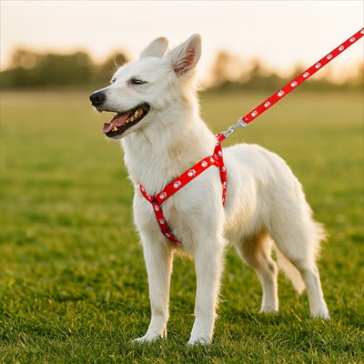 un canin avec harnais rosee du matin dans un parc